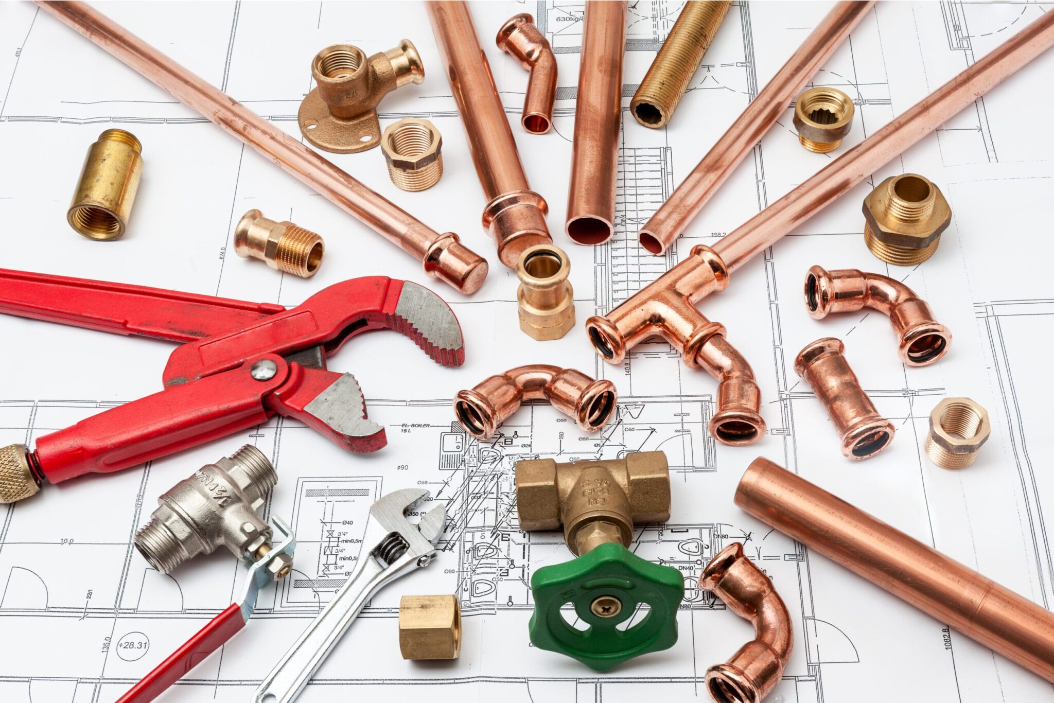 Copper pipes, fittings, valves, and plumbing tools in Coachella