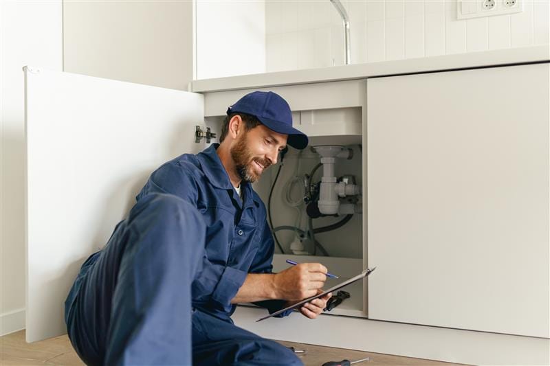 Residential plumber reviewing plumbing repairs in a Coachella kitchen