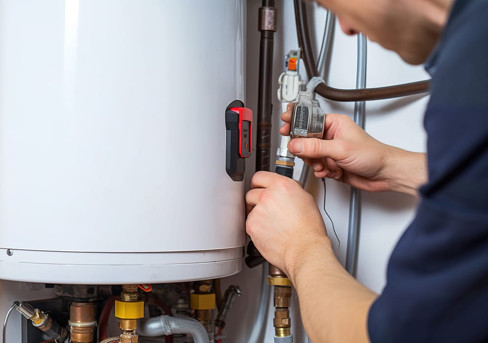 Technician repairing pipes connected to a water heater in Coachella